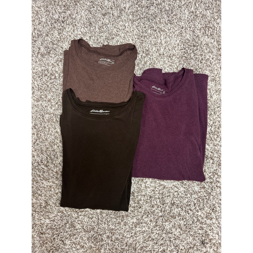 Eddie Bauer Womens Long Sleeve Crewneck T-Shirt Bundle Brown Purple 3 Pack XL